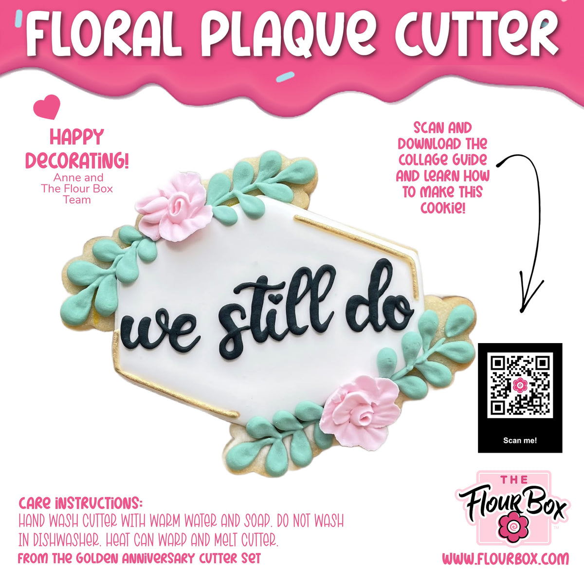 A white hexagonal floral plaque cookie cutter with black cursive lettering and pink sugar flower and mint green leaf accents