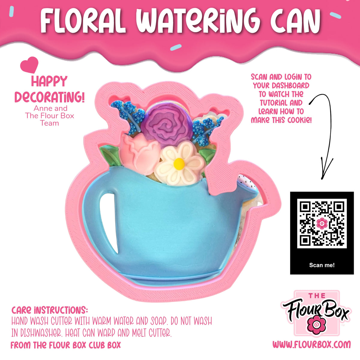 Floral watering can flour box club cookie cutter in blue with pink border and decorative flowers inside