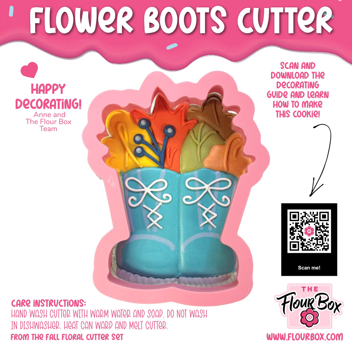 A turquoise flower boots cookie cutter with white lace details and colorful floral accents for baking