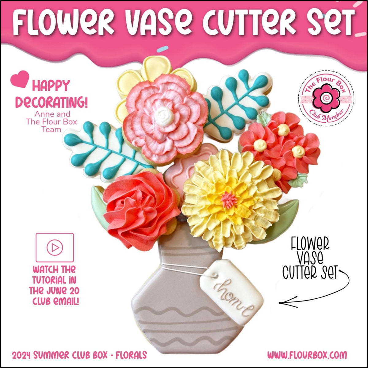 Flower vase 6pc flour box club cookie cutter set with gray ceramic wavy vase filled with colorful flower sugar cookies