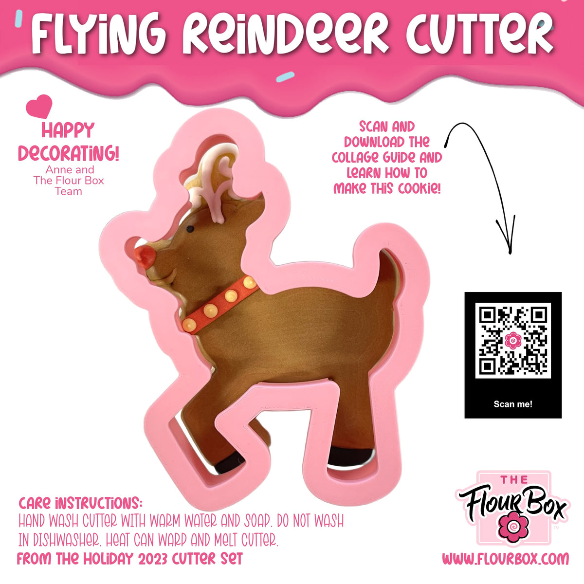Pink plastic flying reindeer cookie cutter with brown interior and red collar featuring gold dots for holiday baking