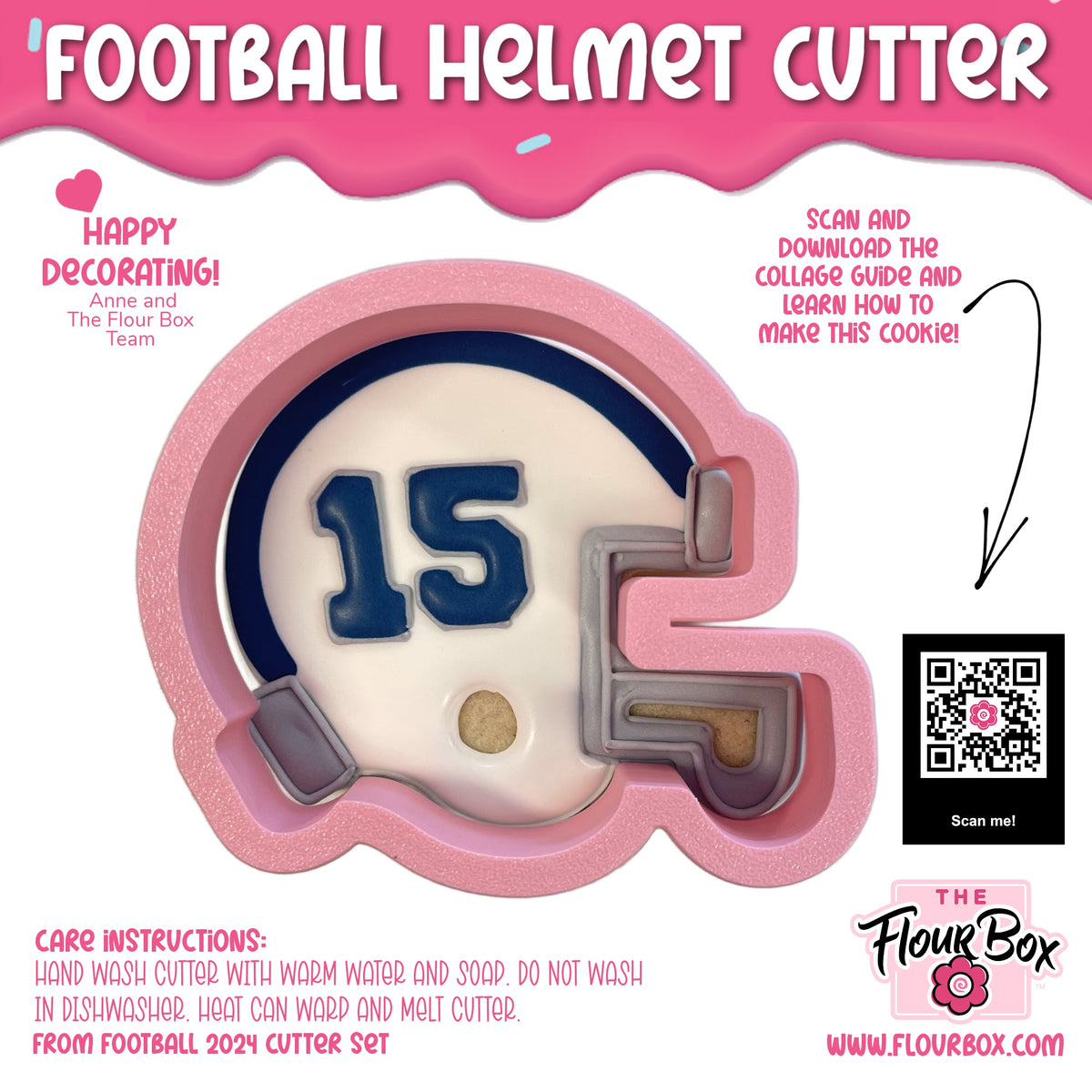 Pink silicone football helmet cookie cutter with white interior navy blue number 15 and gray faceguard details