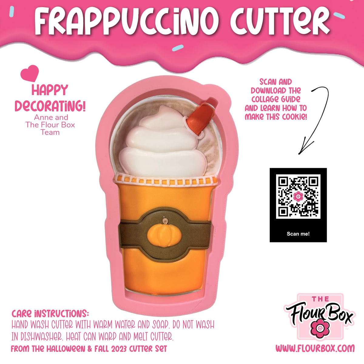 Pink silicone frappuccino cookie cutter with orange cup, white whipped cream top, and brown band detail