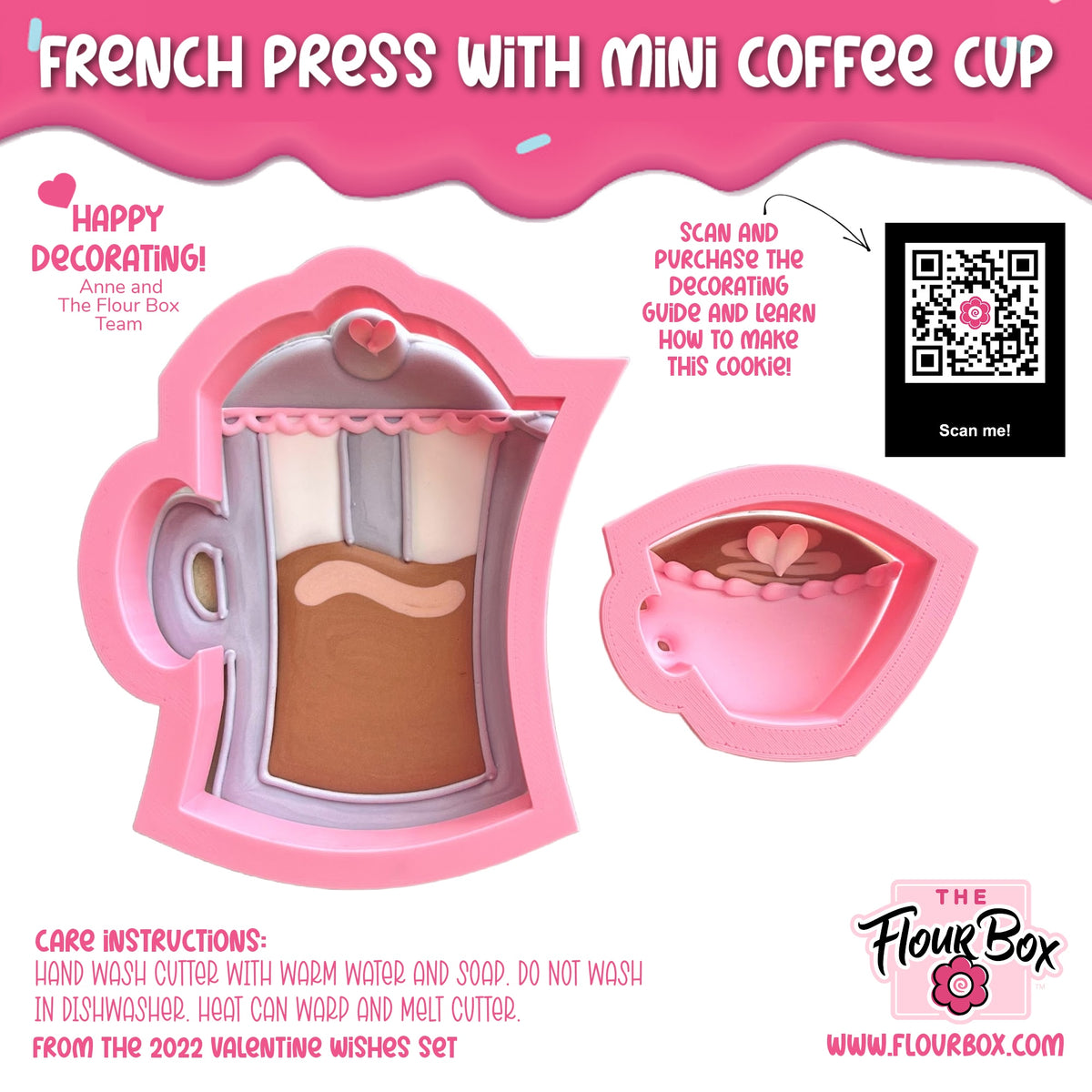 Pink silicone cookie cutter set shaped like a french press with mini coffee cup for baking French press with mini coffee cup cookie cutter set