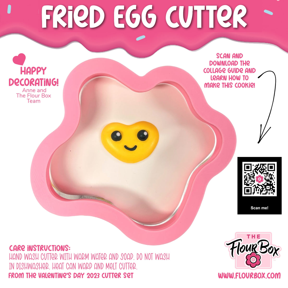 Pink silicone fried egg cookie cutter with yellow yolk and smiling face design for baking and cooking use