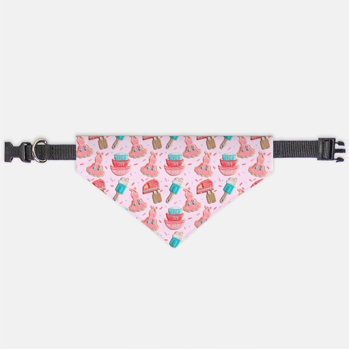 Baking dog handkerchief small in pink with playful pattern of dresses blue ice cream cones and baking illustrations
