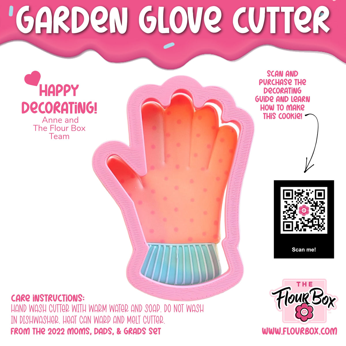 Pink plastic garden glove cookie cutter with orange and blue gradient details for outdoor crafting and baking