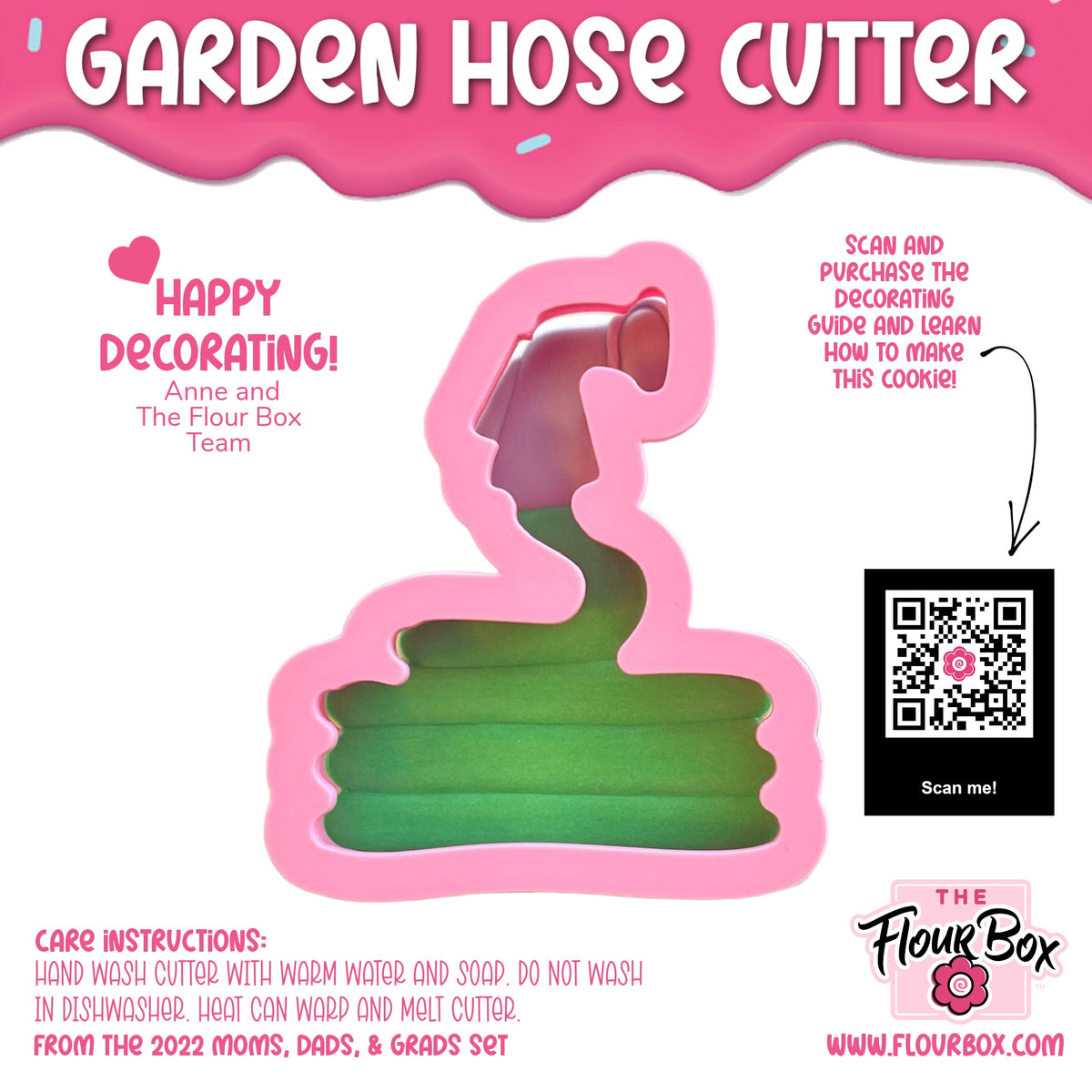 Pink silicone garden hose cookie cutter with green and pink gradient detailing for outdoor-themed baking
