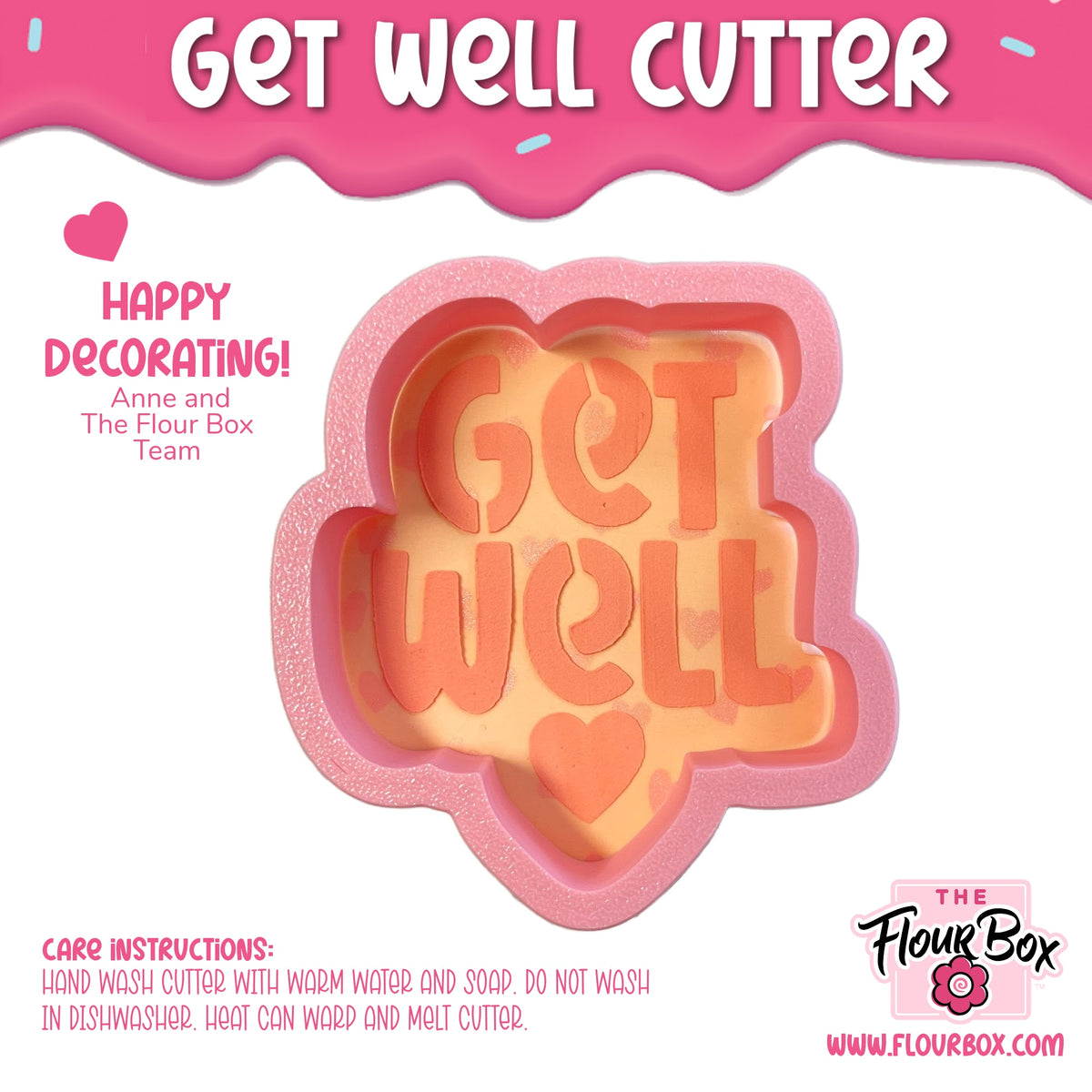 Pink silicone get well cookie cutter with orange lettering and heart design for baking and decorating purposes