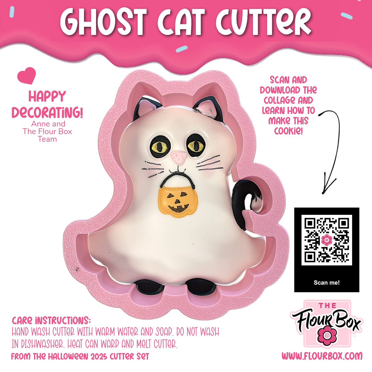Pink ghost cat cookie cutter with black accents and an orange pumpkin hanging from its mouth for halloween baking