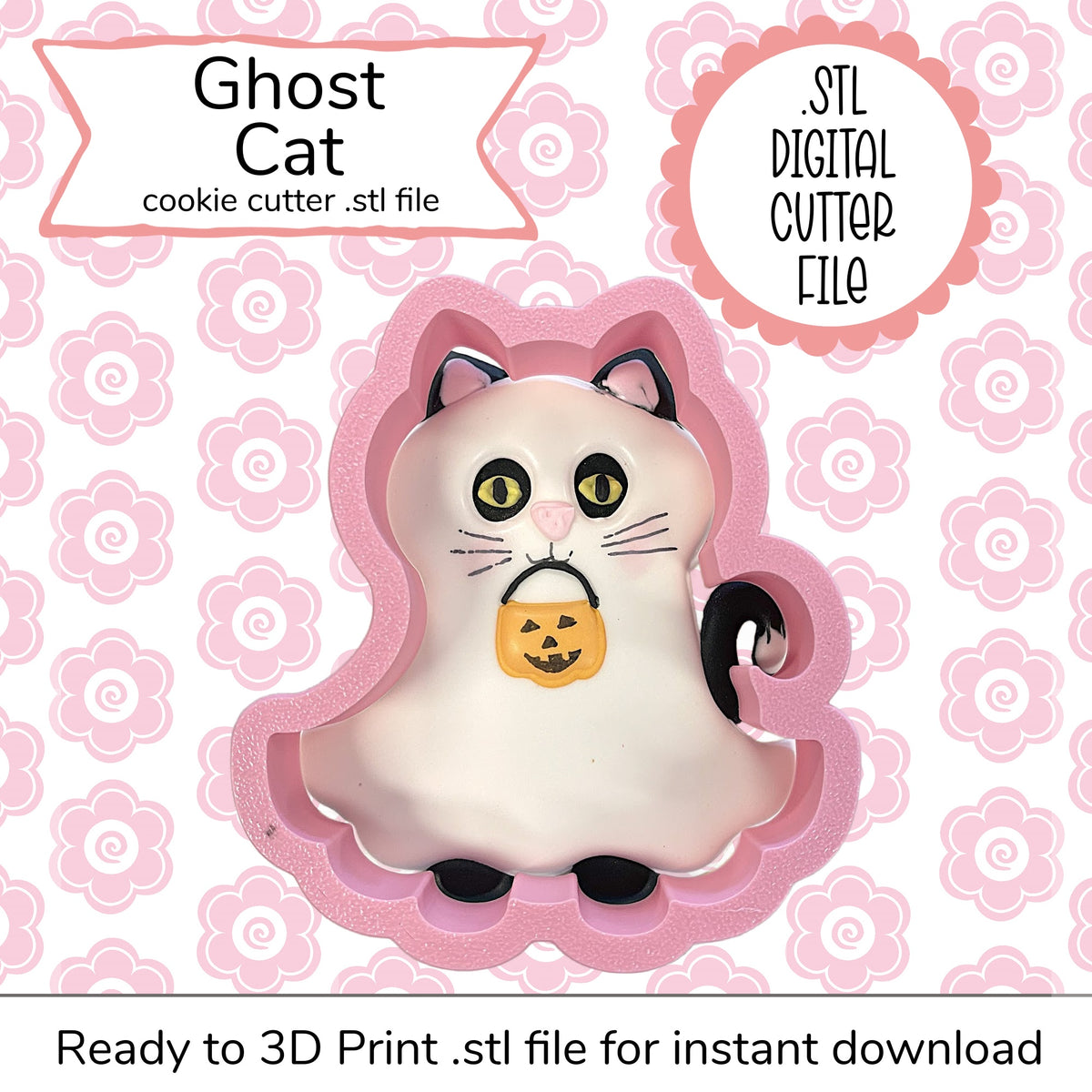 Ghost cat STL cutter file showing a pink ghost cat cookie cutter with black ears eyes paws holding an orange pumpkin lantern