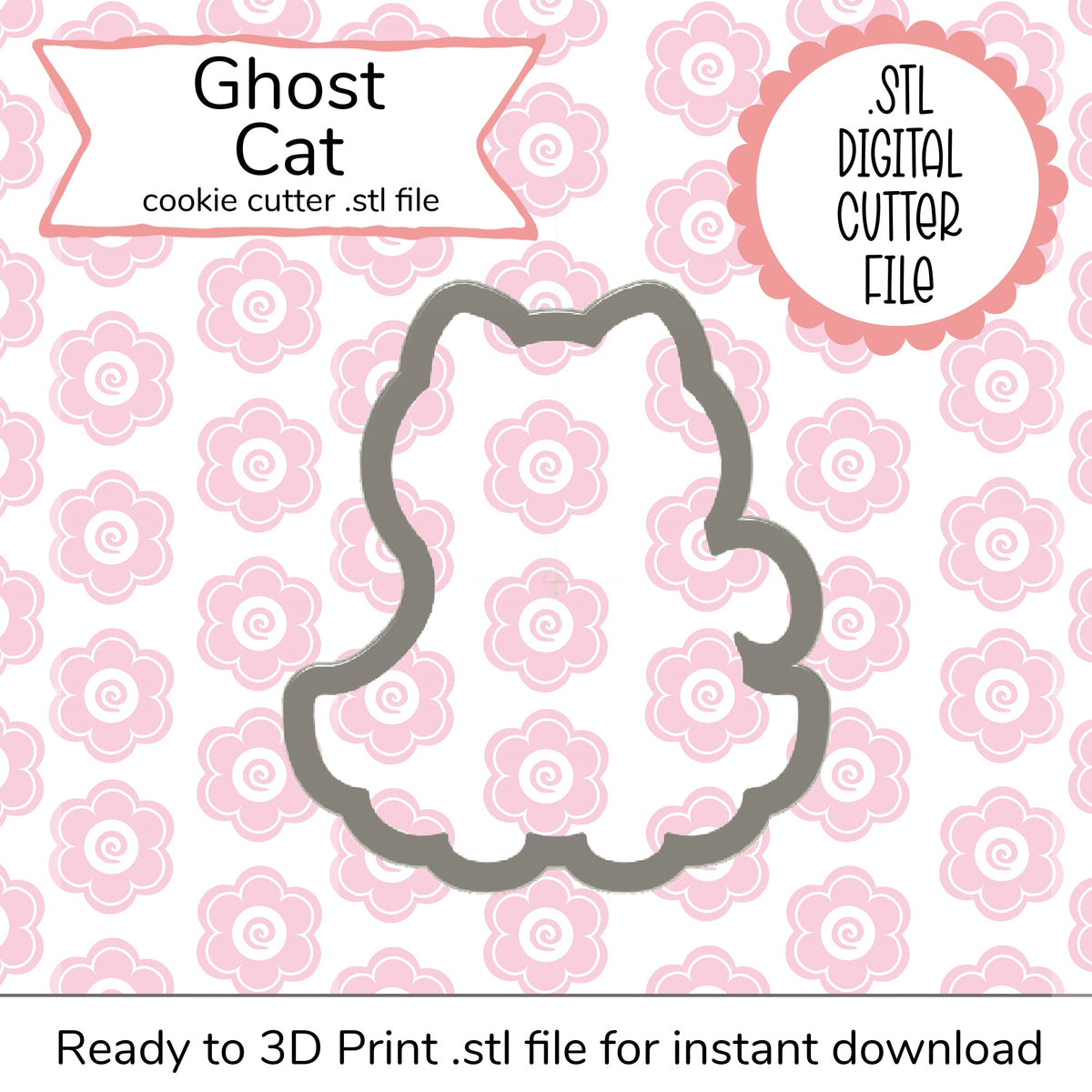 Ghost cat STL cutter file digital featuring gray outline ghost cat cookie cutter design on pink floral background