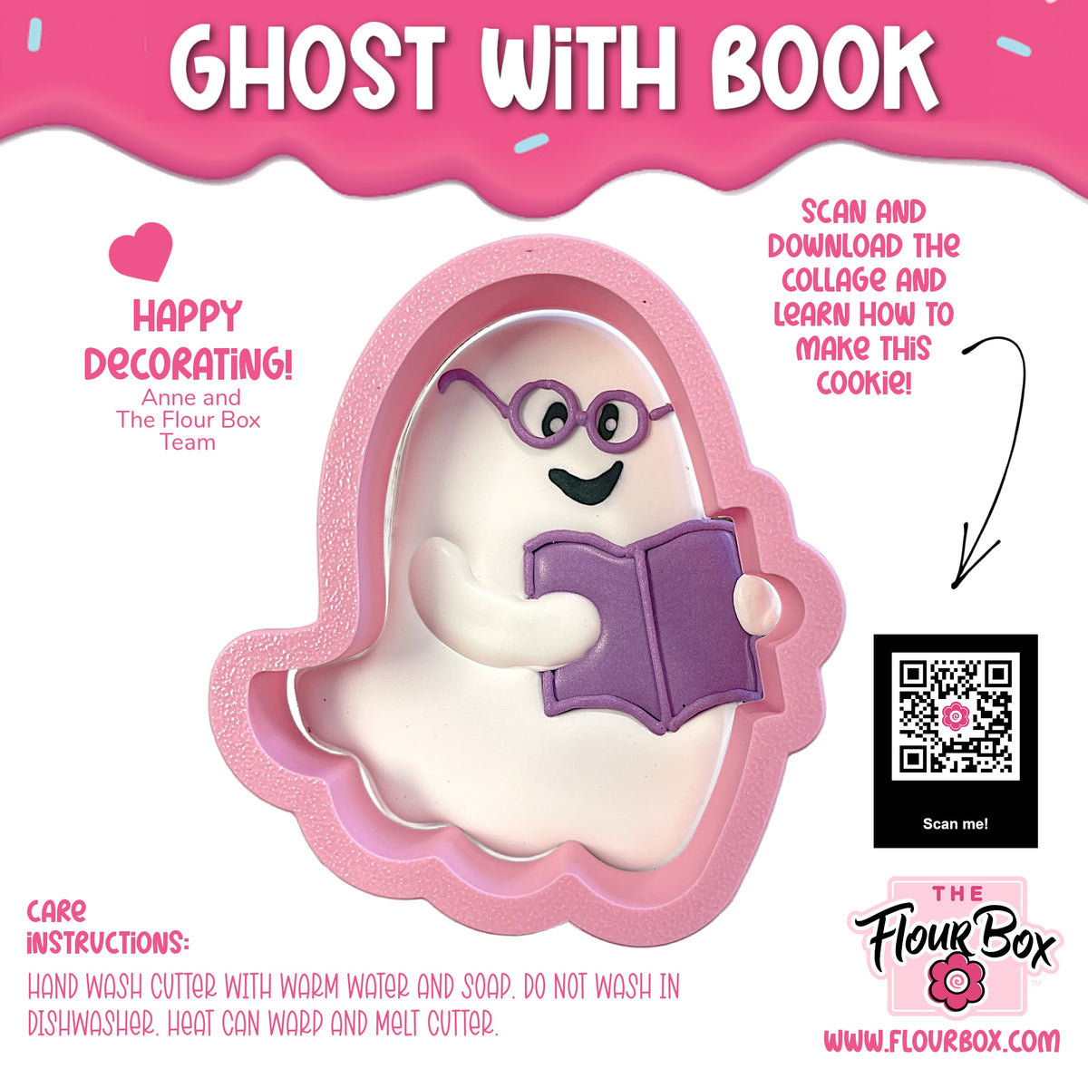 Pink glittery ghost cookie cutter with purple glasses and a purple book for themed baking projects