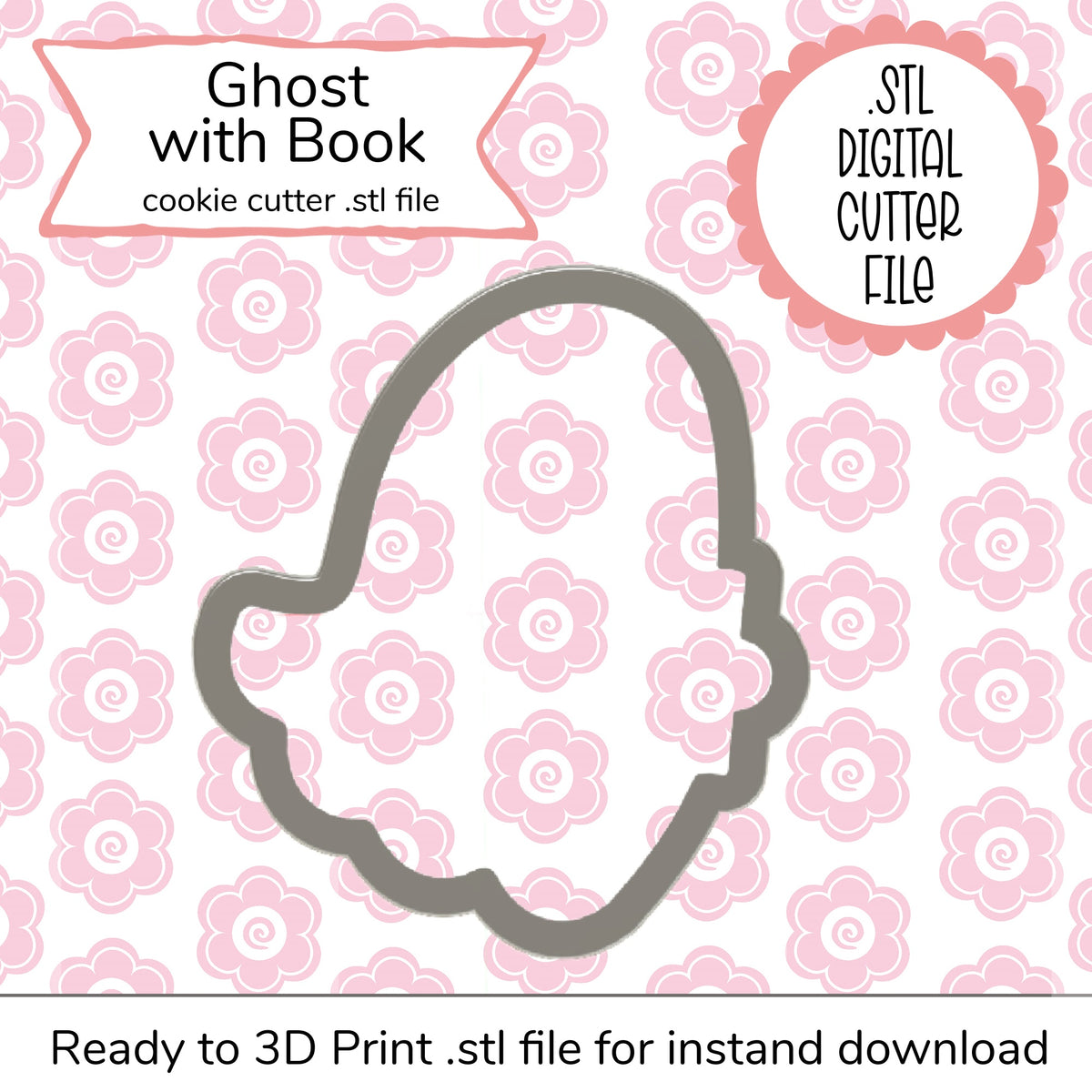 Gray ghost-shaped cookie cutter with book detail designed for 3d printing from ghost with book stl cutter file digital file