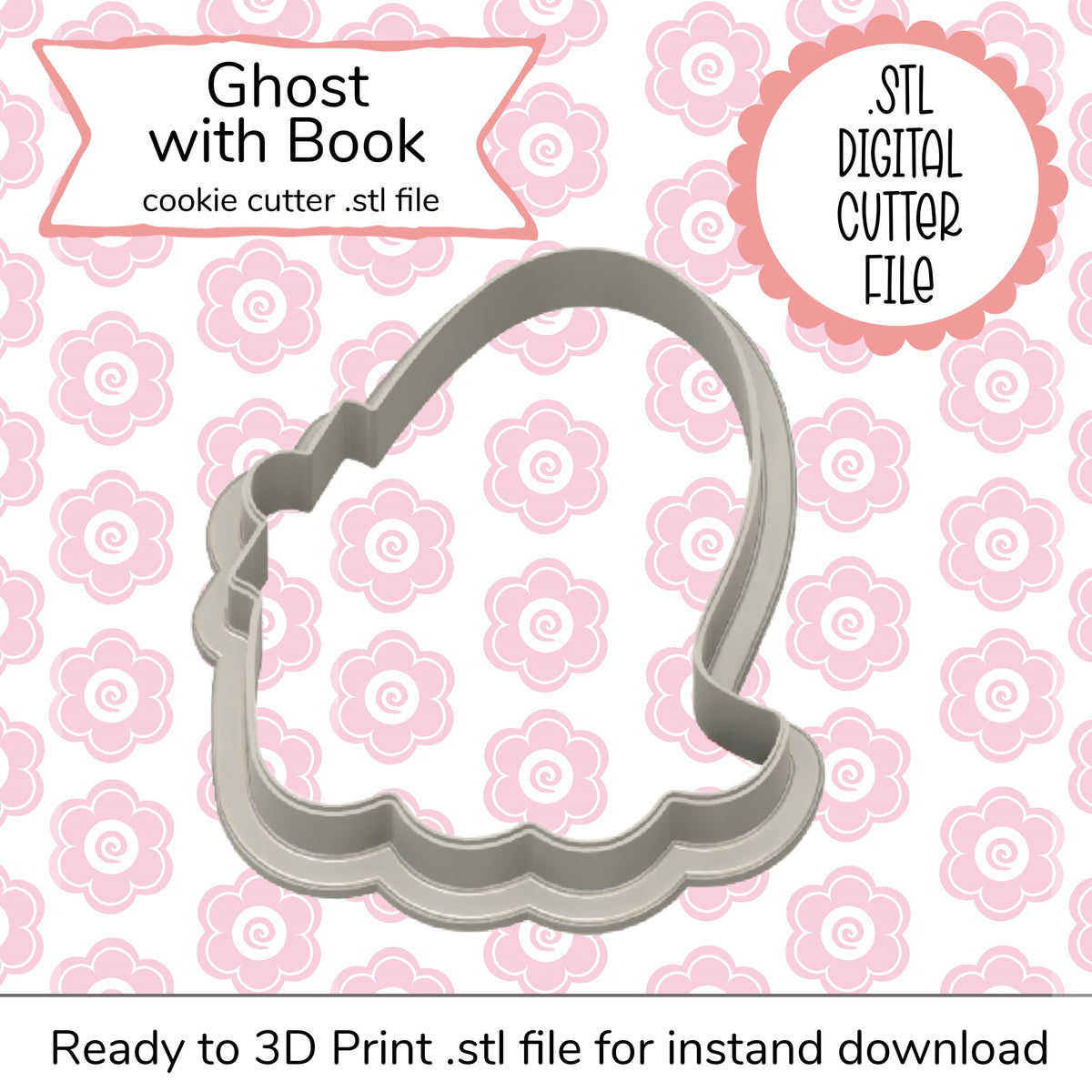 Silver ghost-shaped cookie cutter with book detail designed for 3d printing ghost with book STL cutter file
