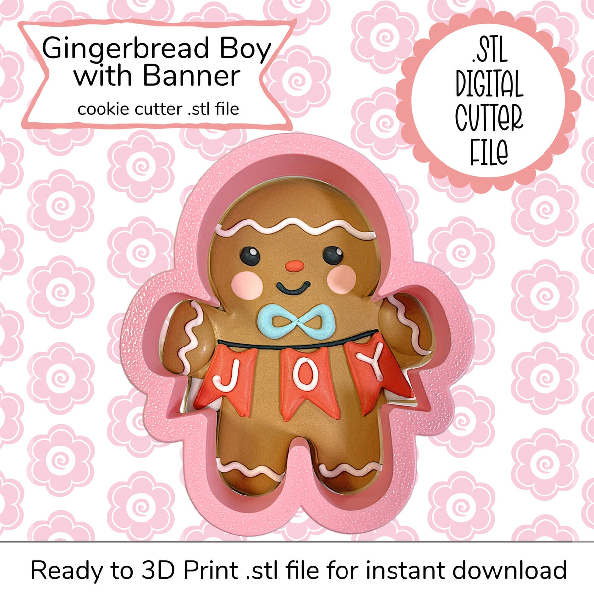 Pink 3d-printable gingerbread boy cookie cutter with white icing details and a red joy banner digital stl file