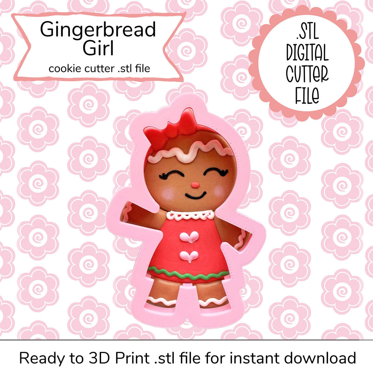 Cute gingerbread girl cutter stl file featuring red dress white icing details and brown skin for digital use