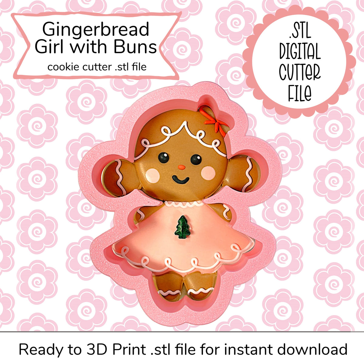 Pink silicone gingerbread girl with buns cookie cutter featuring white icing details and green tree dress design digital file