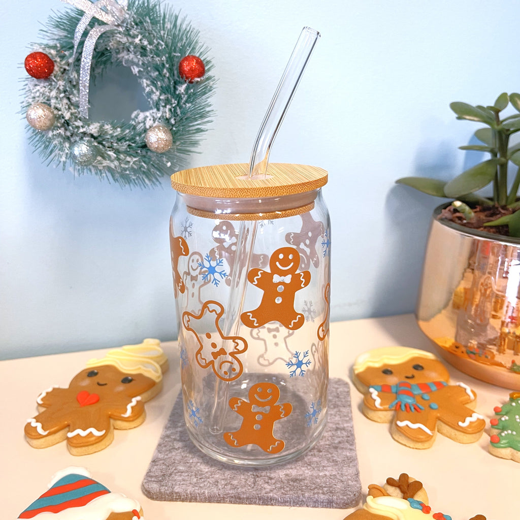 Gingerbread Glass Cup with Lid and Straw