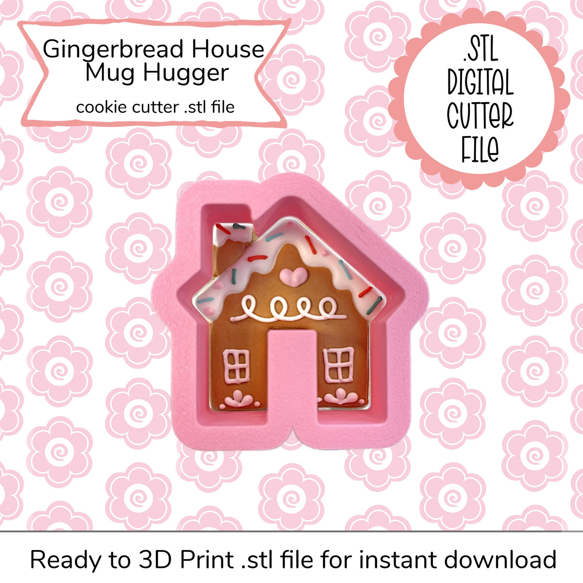 Pink silicone mini gingerbread house mug hugger cookie cutter with decorative icing details digital file