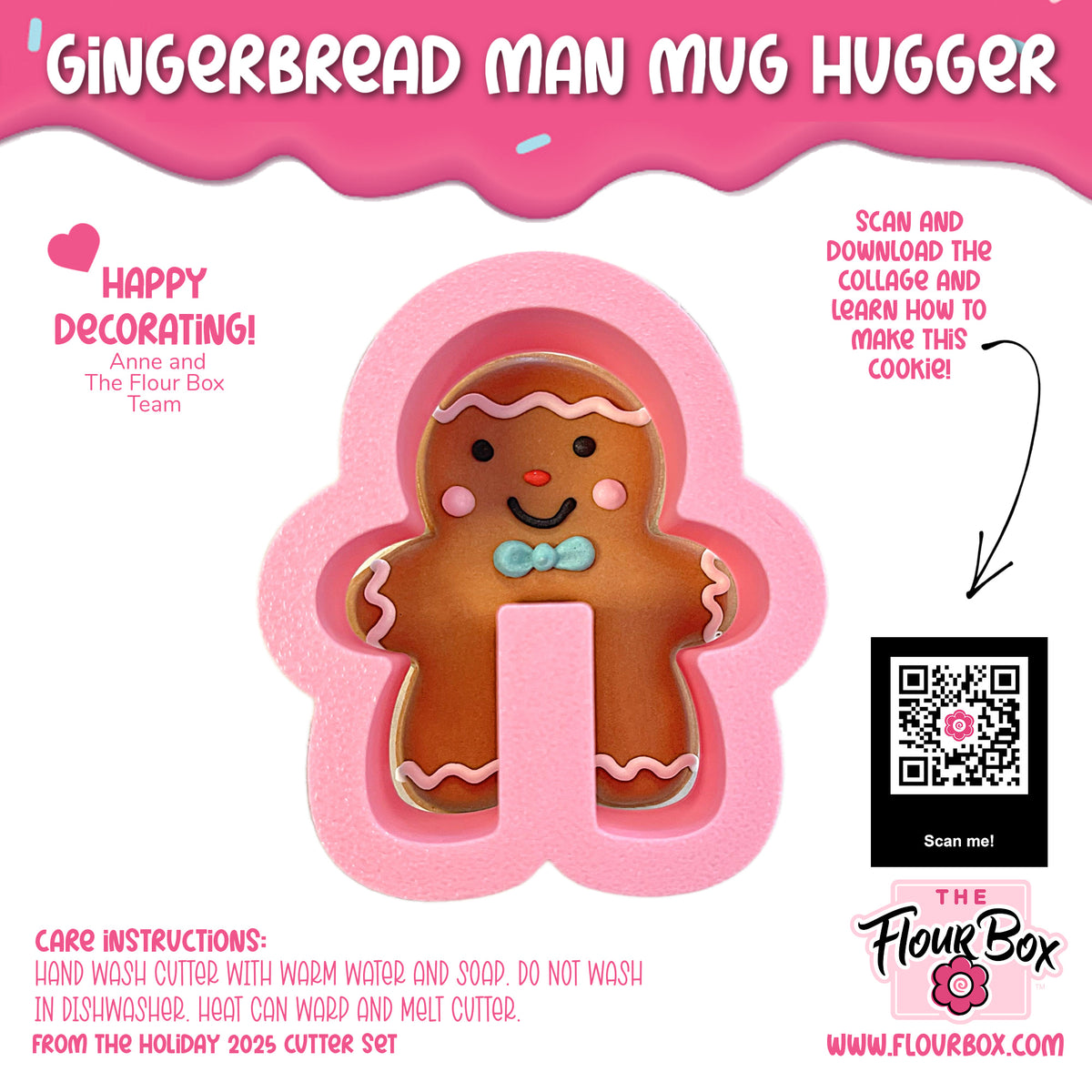 Mini gingerbread man silicone mug hugger in pink with brown cookie cutout pink icing and light blue bow tie