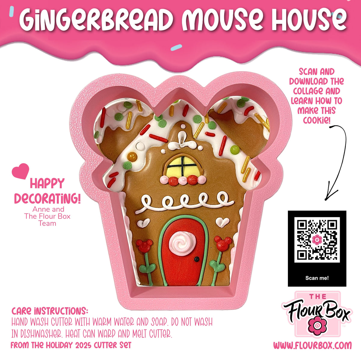 Pink silicone gingerbread mouse house cookie cutter with brown interior red door and decorative icing details