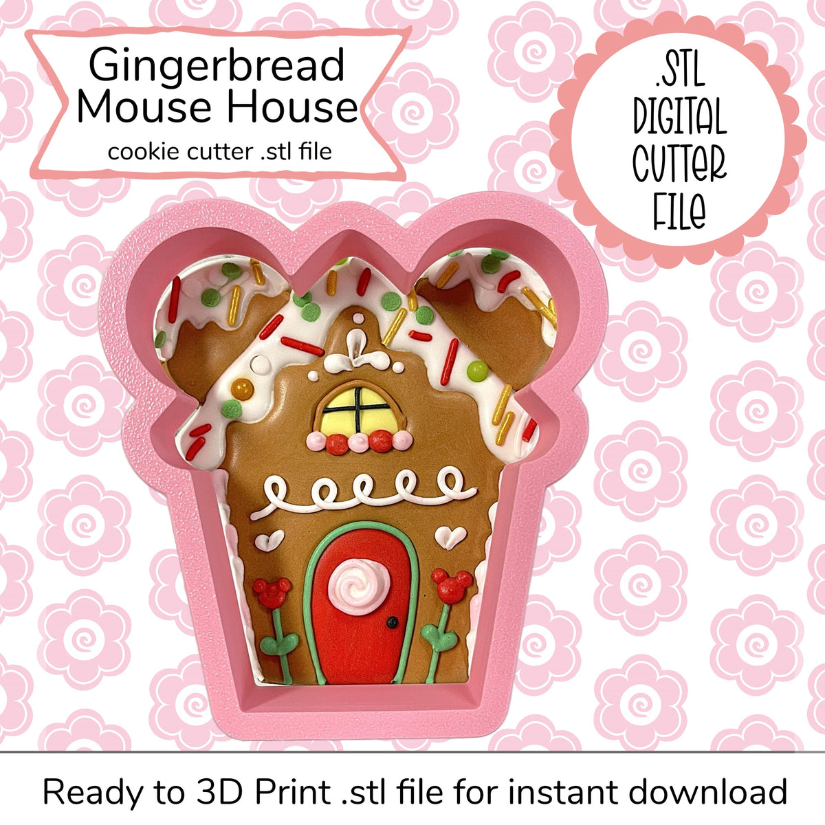 Pink silicone gingerbread mouse house cookie cutter with decorative icing and candy details for baking use