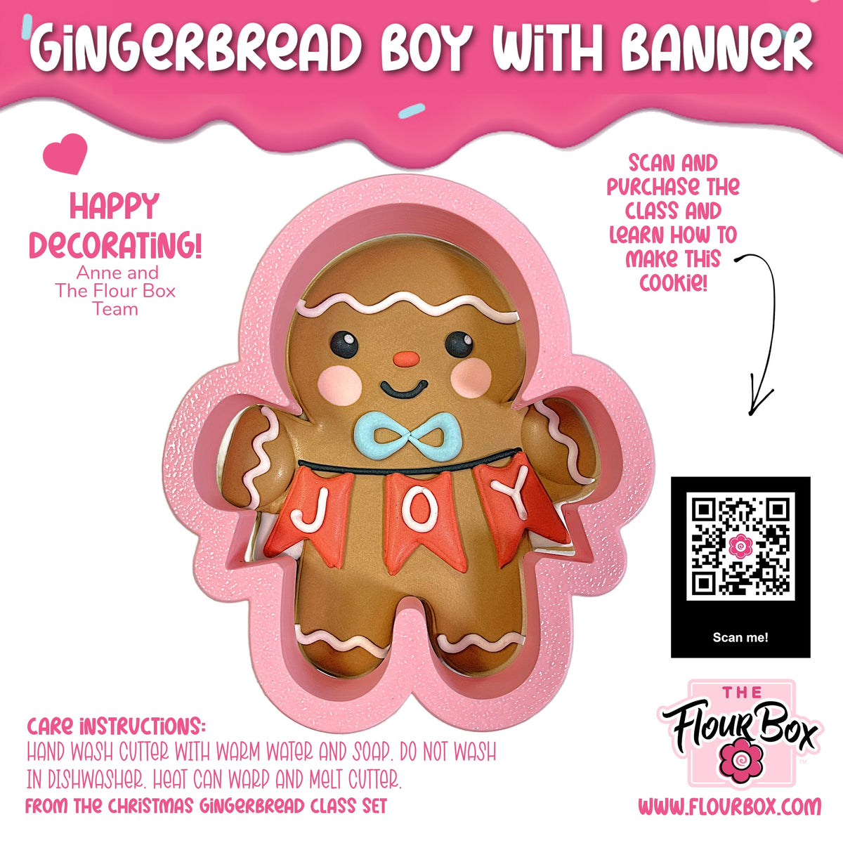 A brown gingerbread boy cookie cutter with white icing, light blue bow tie, and red joy banner in a pink silicone mold