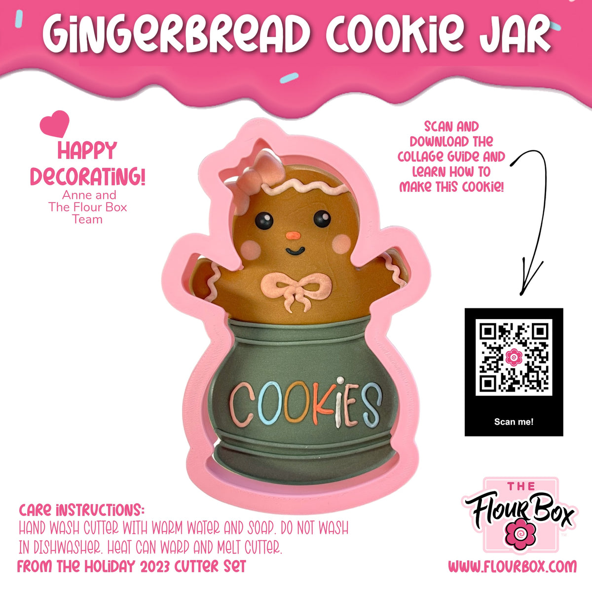 A charming brown gingerbread cookie jar with smiling face and pink bow on a green ceramic cookies base