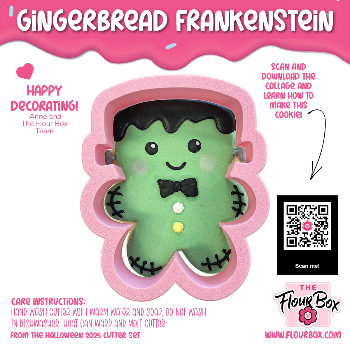 A pink silicone gingerbread frankenstein cookie cutter with black hair bow tie and stitched details for baking