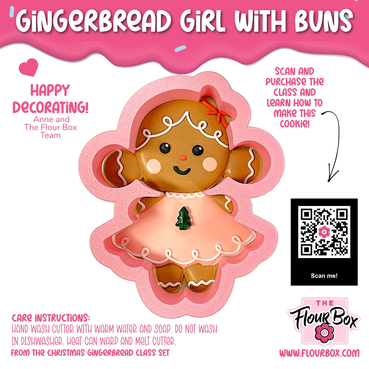 Pink silicone gingerbread girl with buns cookie cutter featuring white icing details and a red bow for baking