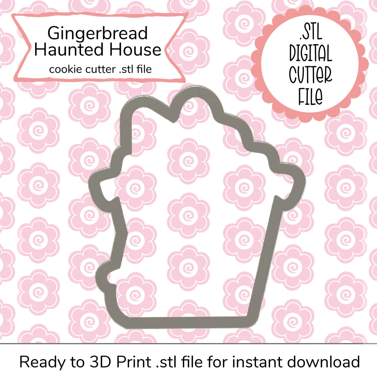 Gray metallic haunted gingerbread house cookie cutter outline for digital haunted gingerbread house cutter STL file
