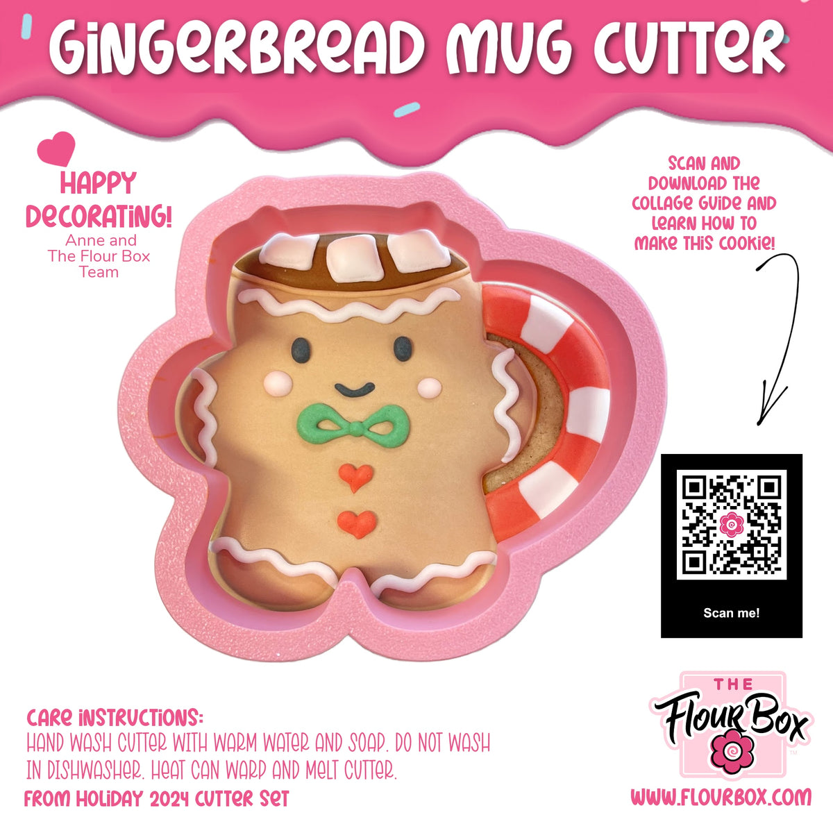 Pink silicone gingerbread mug cookie cutter with smiling face green bow tie and red heart details