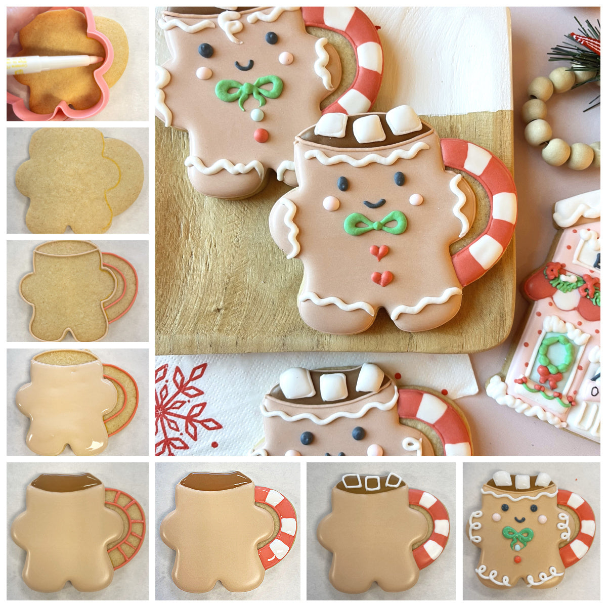 Delicate gingerbread mug cookies with festive white icing and red candy cane handles made using a gingerbread mug cookie cutter