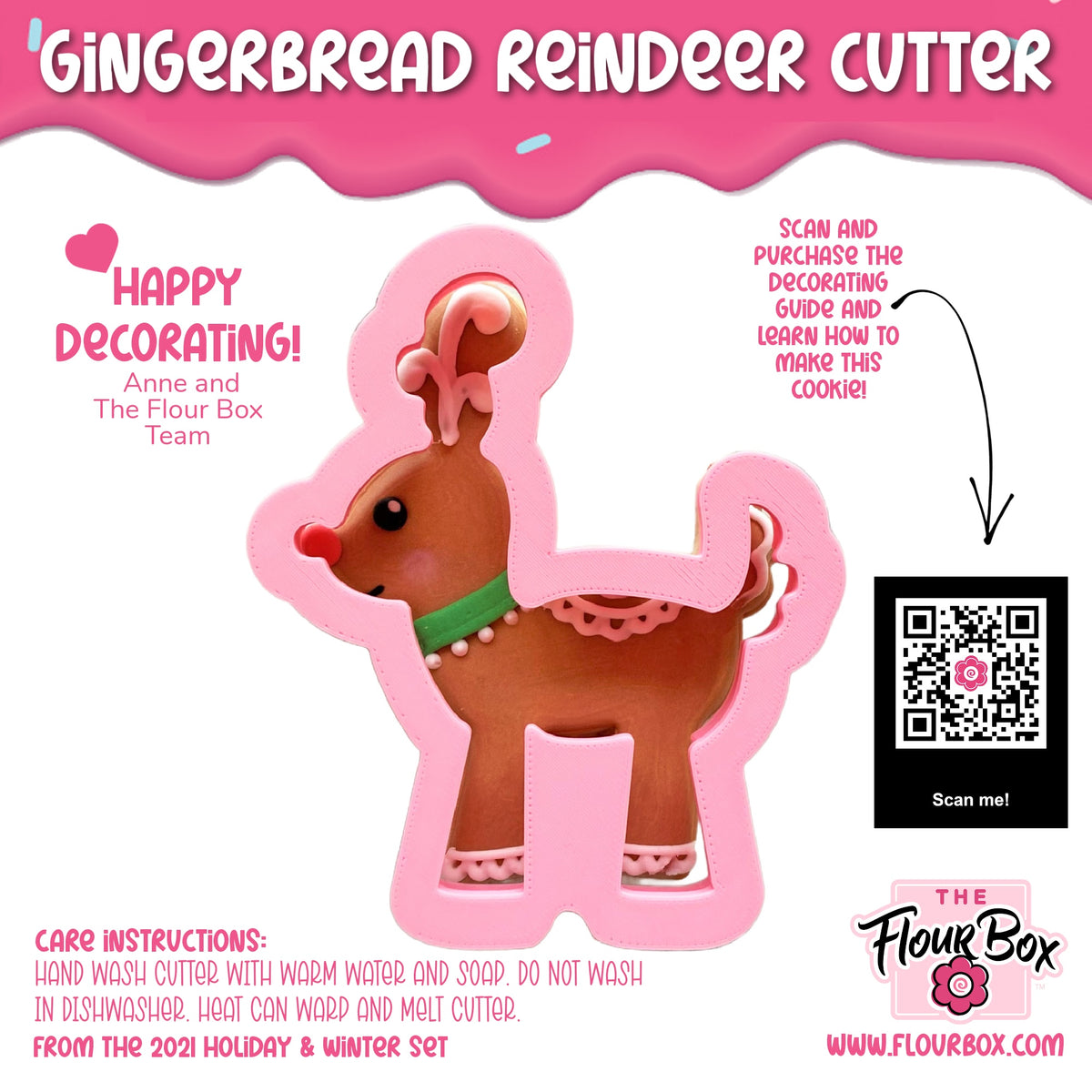 Pink plastic gingerbread reindeer cookie cutter with brown interior green collar and pink lace trim for baking