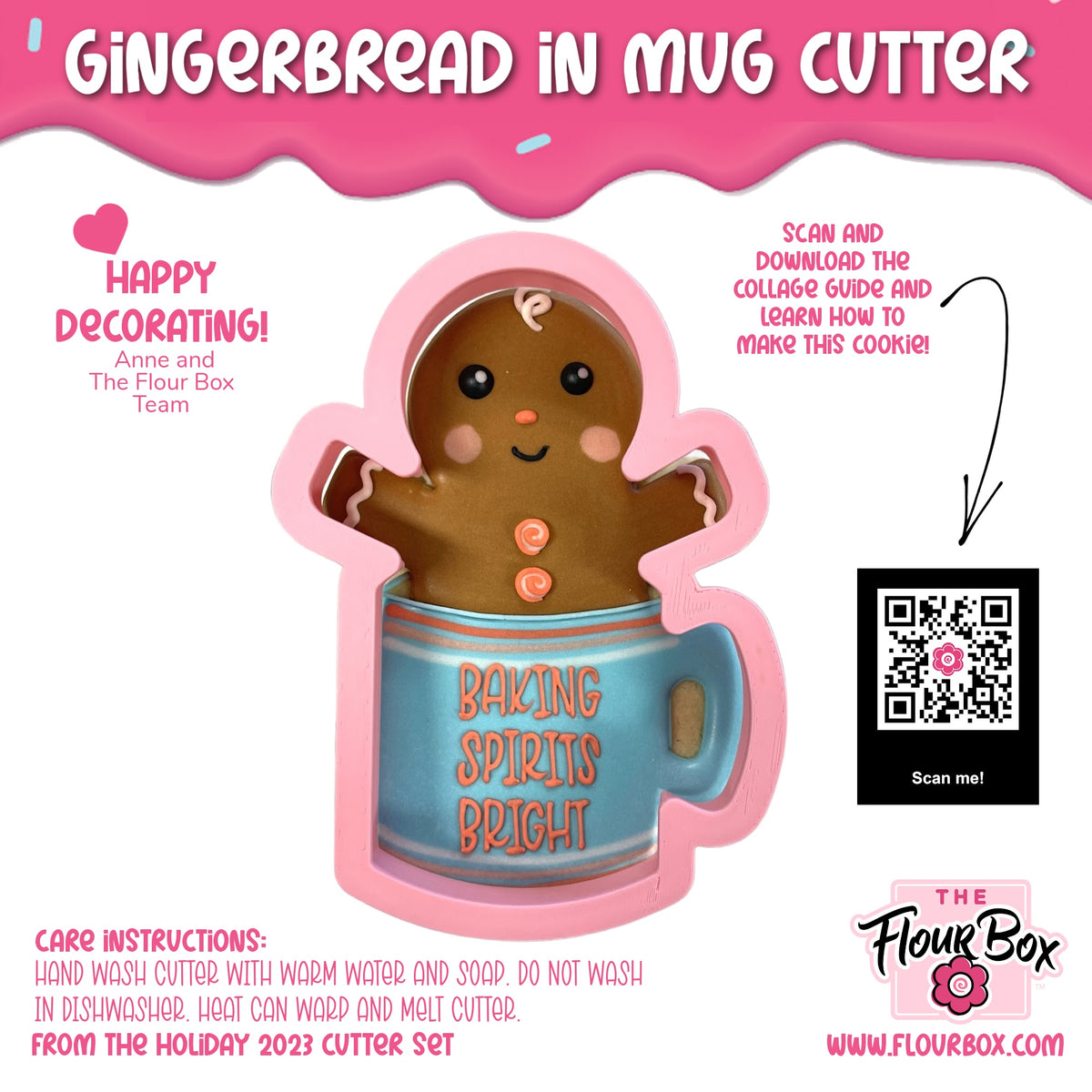 Pink plastic gingerbread man mug cookie cutter with blue ceramic mug insert reading baking spirits bright in orange letters