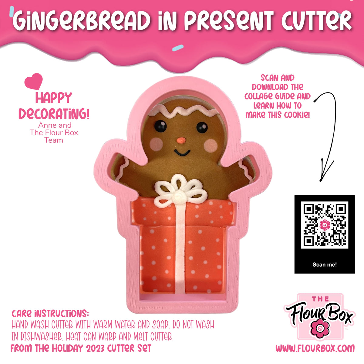 Pink gingerbread man cookie cutter with smiling face and rosy cheeks holding orange polka-dotted gift box with bow
