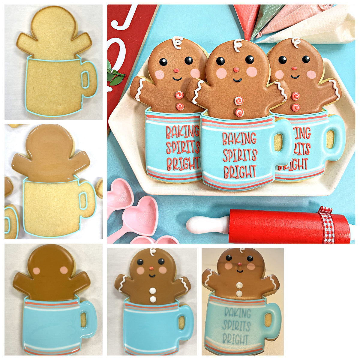 Three gingerbread man cookies with smiling faces inside light blue mugs reading baking spirits bright with cookie cutter