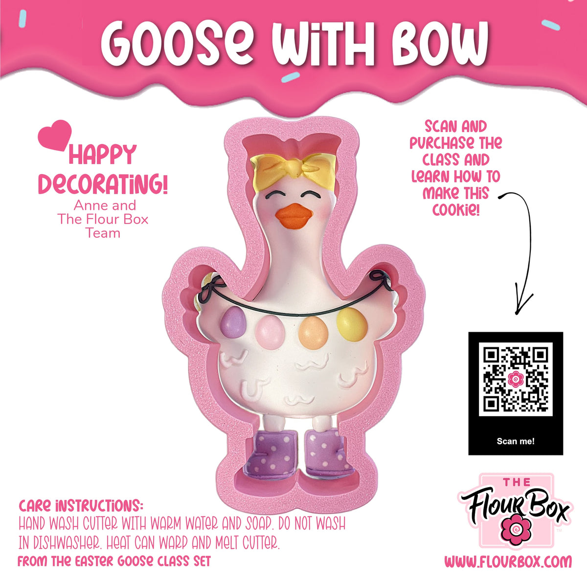 Pink silicone goose with bow cookie cutter featuring a yellow bow and purple polka-dot boots for baking