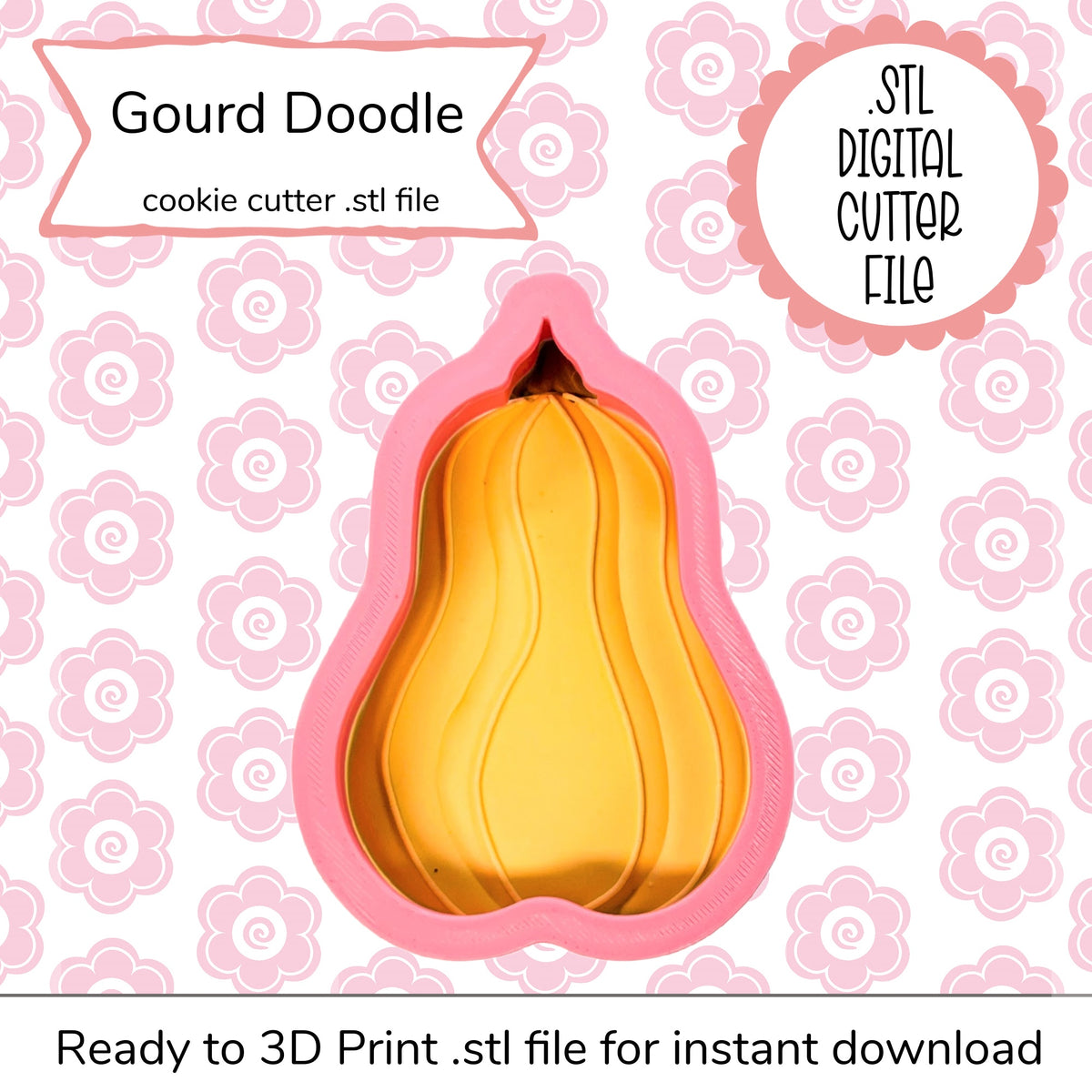 Pink silicone gourd-shaped cookie cutter with yellow interior designed for gourd doodle cutter STL file digital use