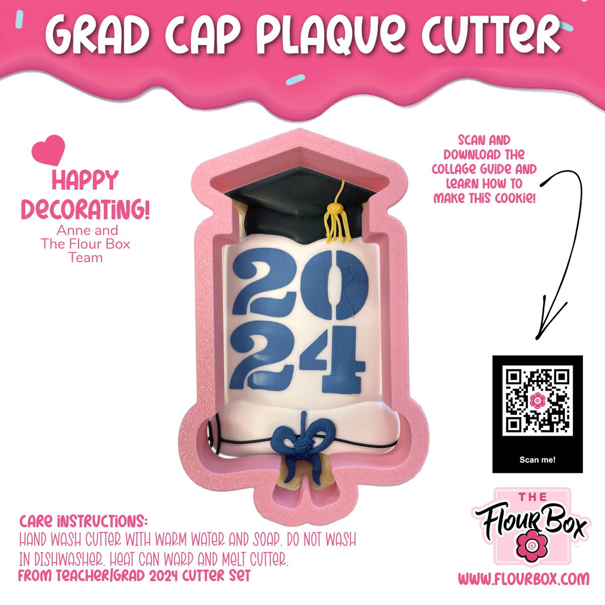 Pink silicone grad cap plaque cookie cutter with blue 2024 numbers and black mortarboard with yellow tassel includes stencil