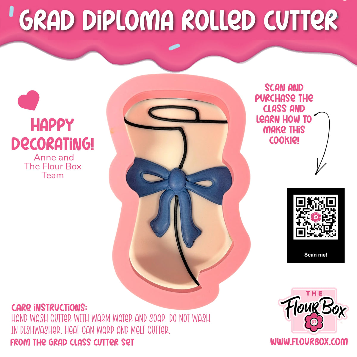 A beige grad diploma rolled cookie cutter with a navy blue ribbon bow for graduation-themed baking