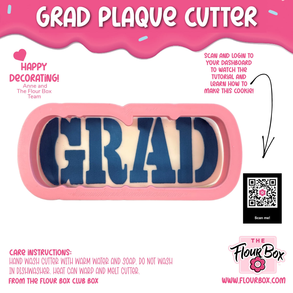 Pink silicone grad plaque flour box club cookie cutter with blue lettering and stencil for cookie decorating