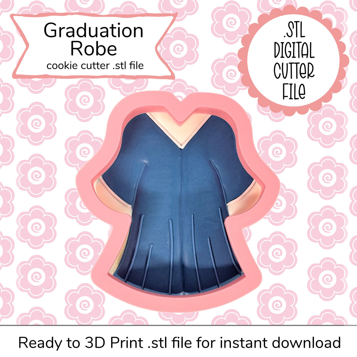 Pink silicone graduation robe cookie cutter with navy blue pleated details and beige trim digital STL file