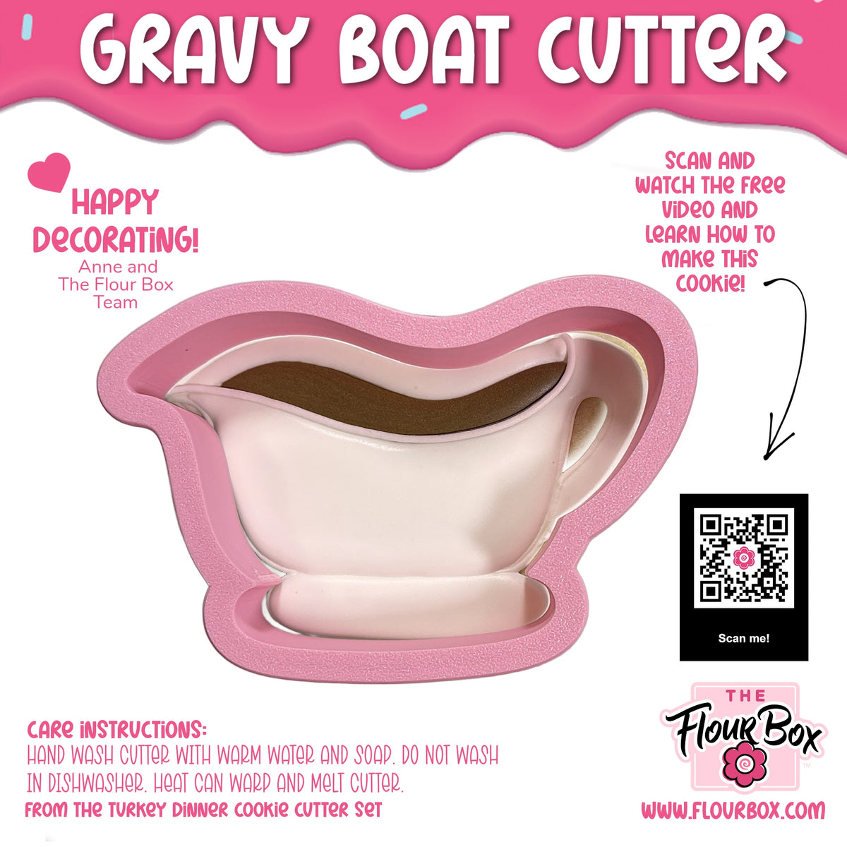 Pink silicone gravy boat cookie cutter with white interior and brown filling for baking and crafting use