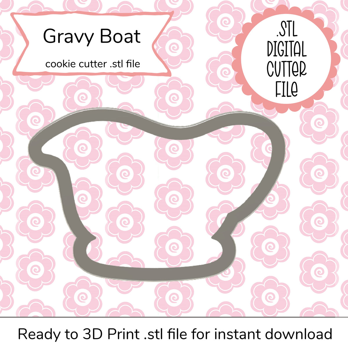 Gray metallic gravy boat cookie cutter in 3d printable stl file format for digital crafting projects