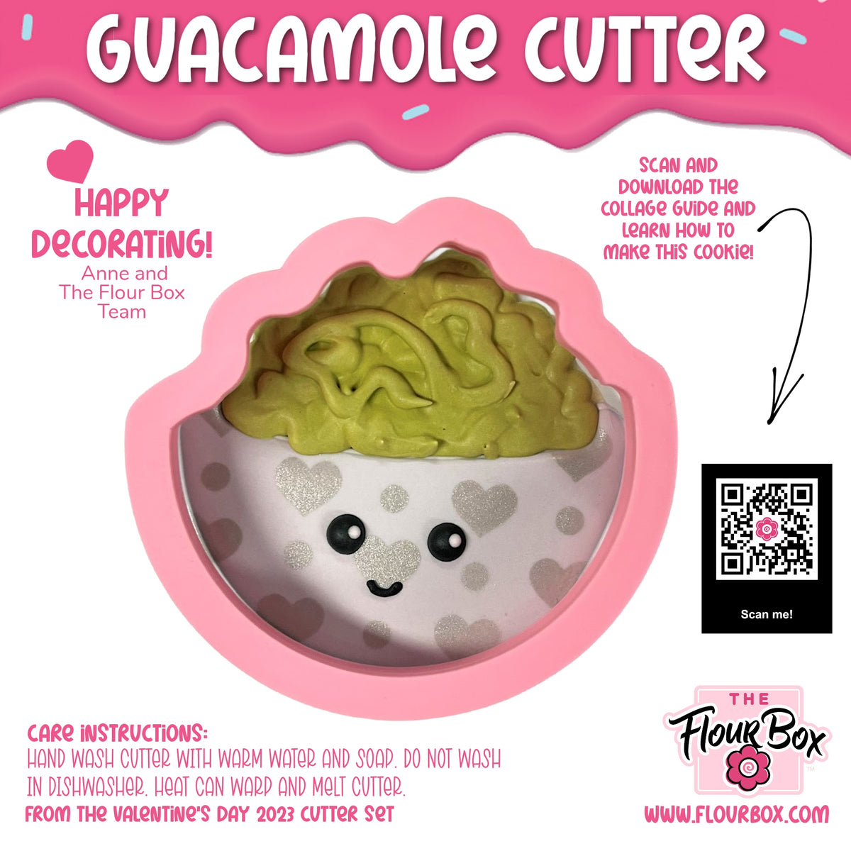 Pink heart-patterned silicone guacamole cookie cutter shaped like a smiling bowl with green avocado inside