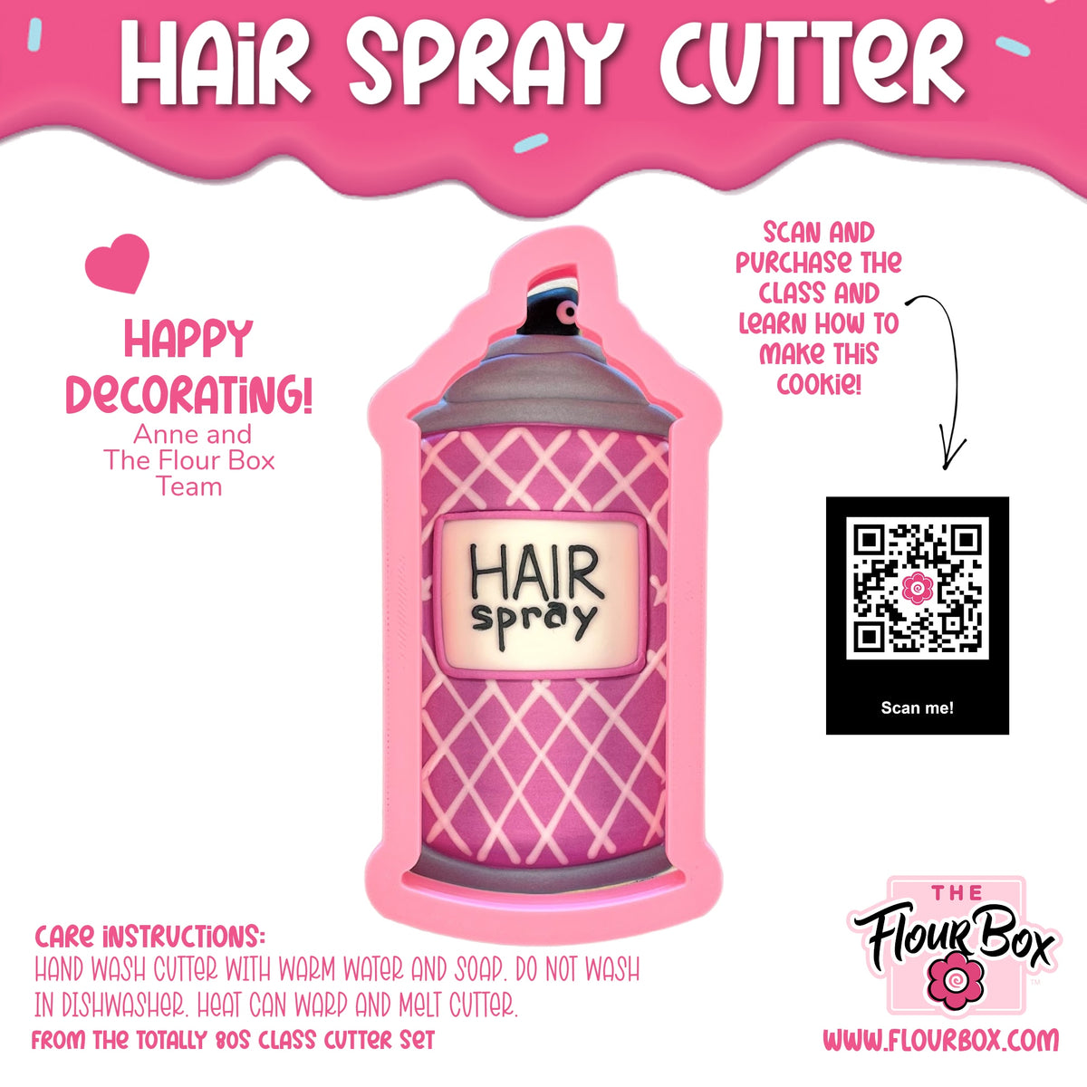 Pink silicone hair spray cookie cutter shaped like a can with diamond pattern and black lettering on the label