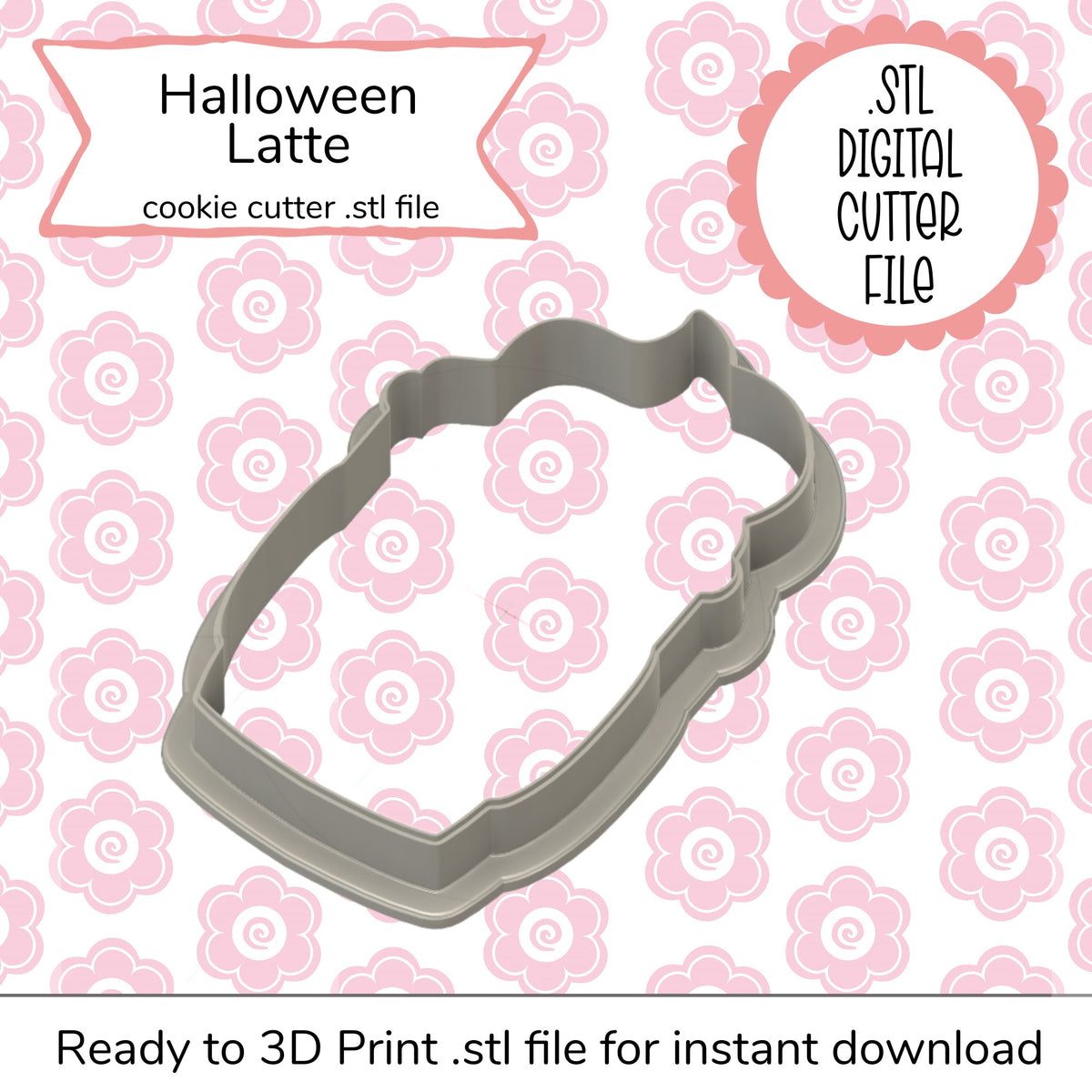 Gray plastic halloween latte cookie cutter with smooth rounded design for digital halloween latte cutter stl file