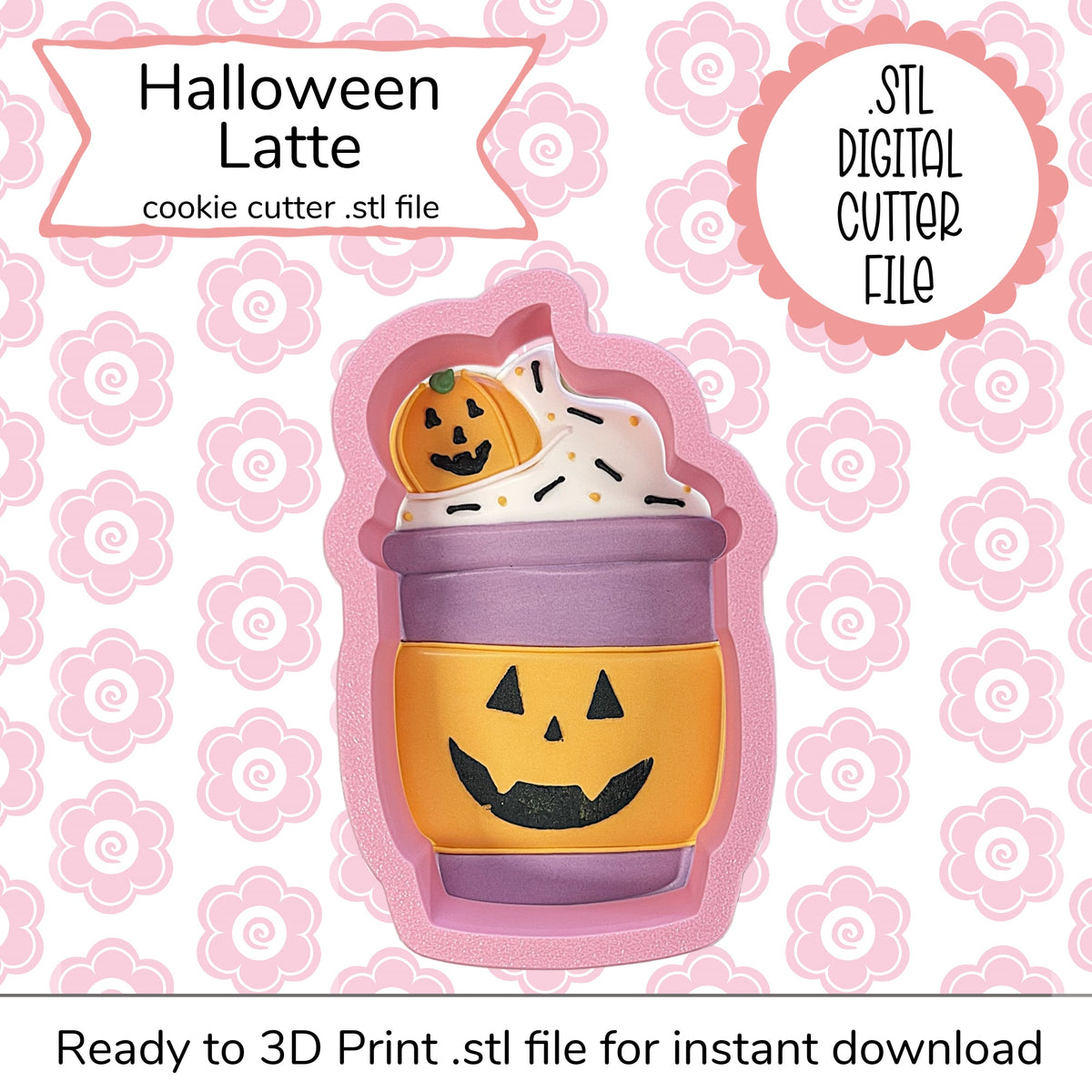 Halloween latte cutter STL file featuring a purple and orange pumpkin face cookie cutter with white whipped cream and black sprinkles